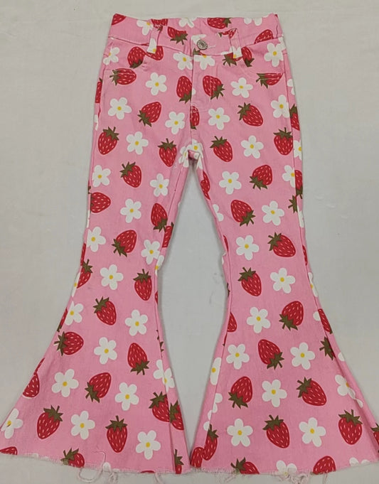 P0396 RTS western strawberry buttons zip up jeans girl kids denim jeans bell pants 202312