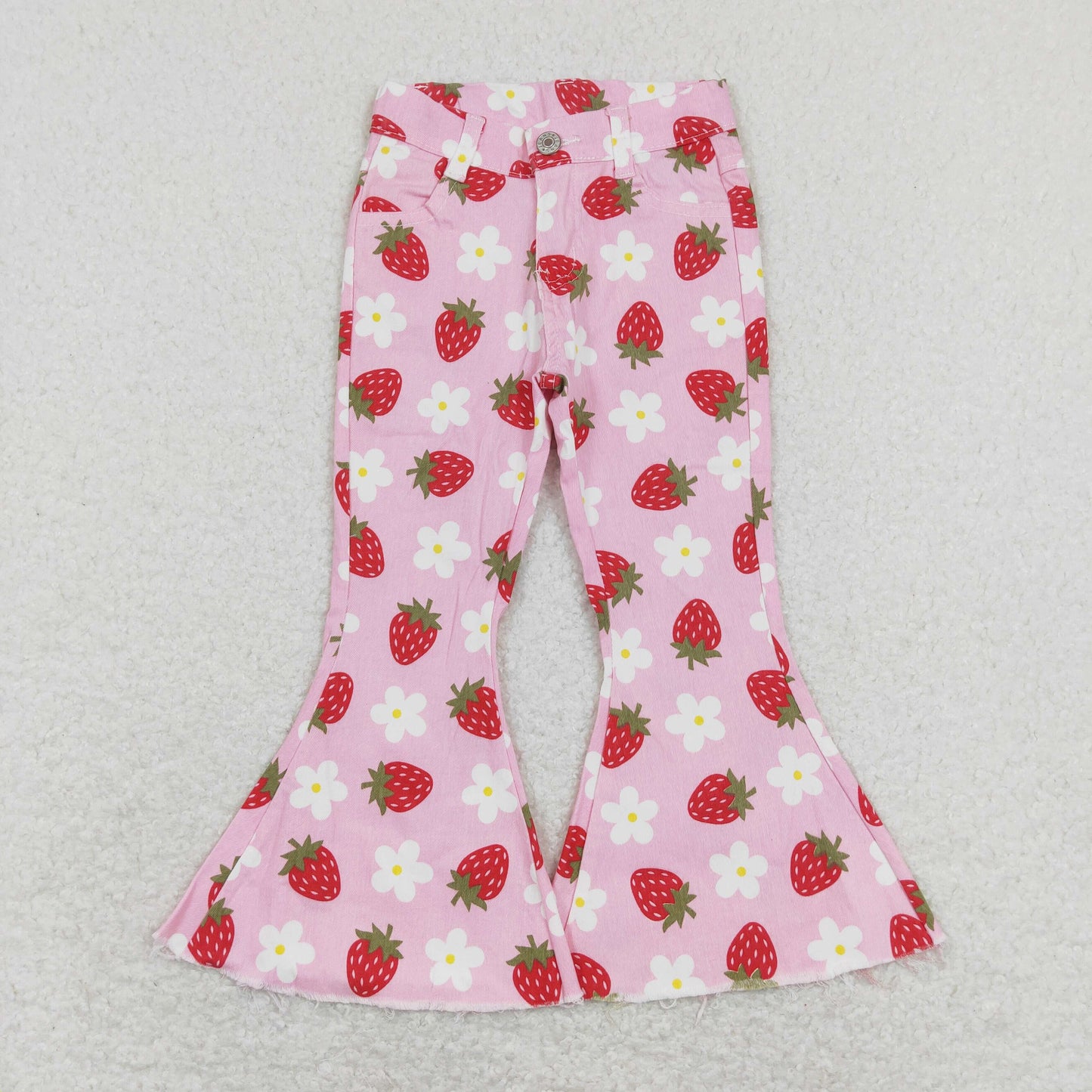 P0396 western checkerboard strawberry buttons zip up jeans girl kids denim jeans bell pants 202401 RTS