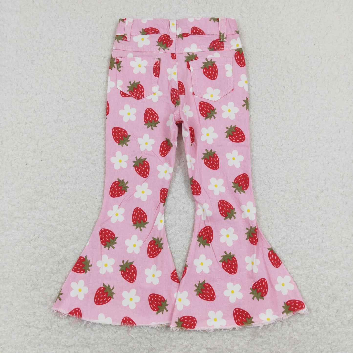 P0396 western checkerboard strawberry buttons zip up jeans girl kids denim jeans bell pants 202401 RTS