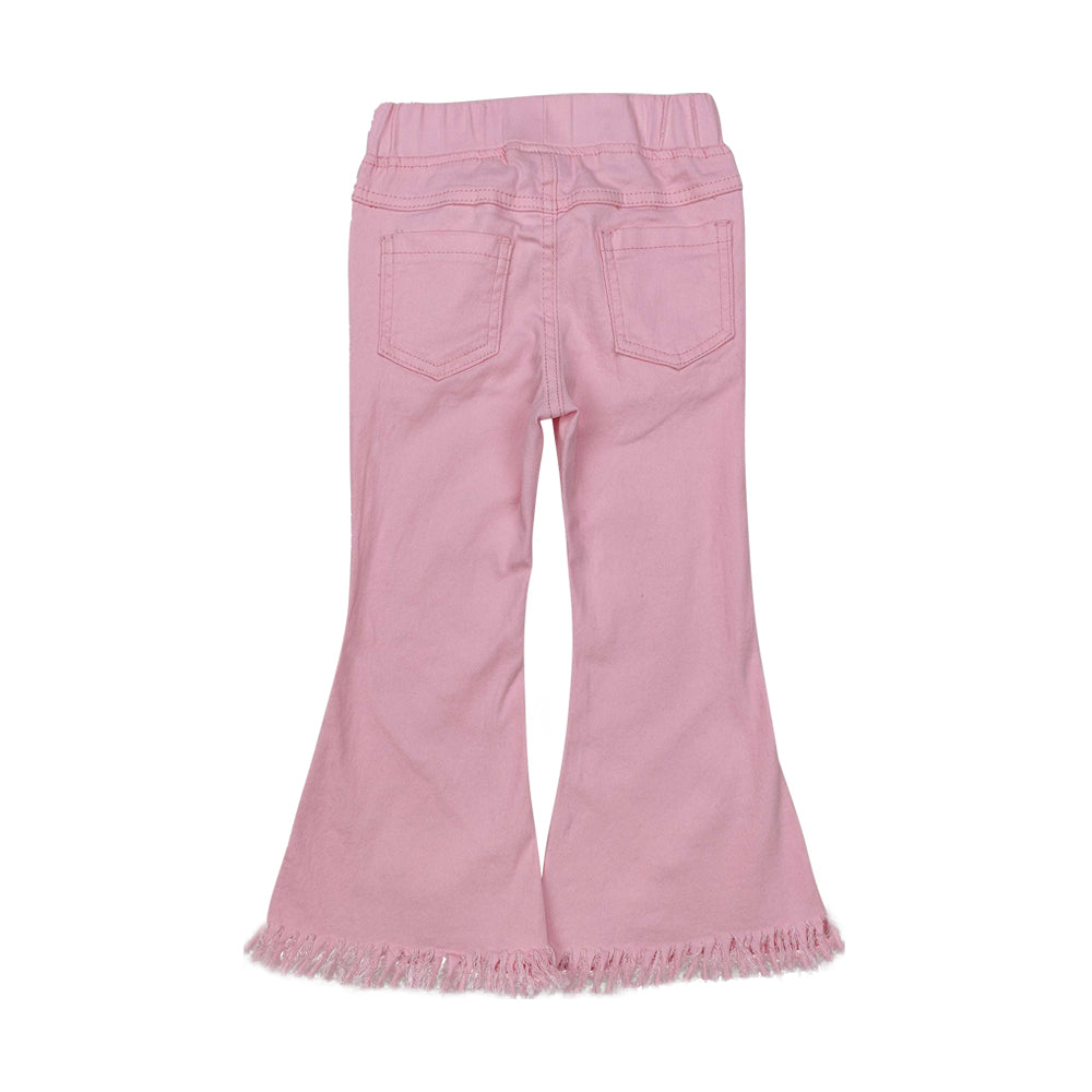 NO MOQ RTS P0463 Girl Clothes Solid Light Pink Fringe Hem Print Elastic Back Waist Flare Bell Bottom Pants 202610