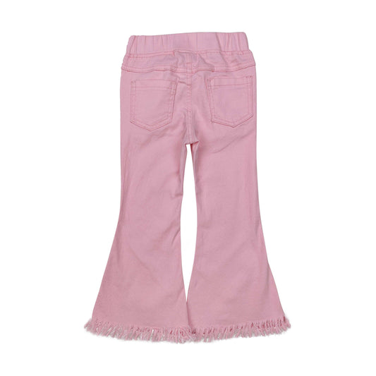NO MOQ RTS P0463 Girl Clothes Solid Light Pink Fringe Hem Print Elastic Back Waist Flare Bell Bottom Pants 202610