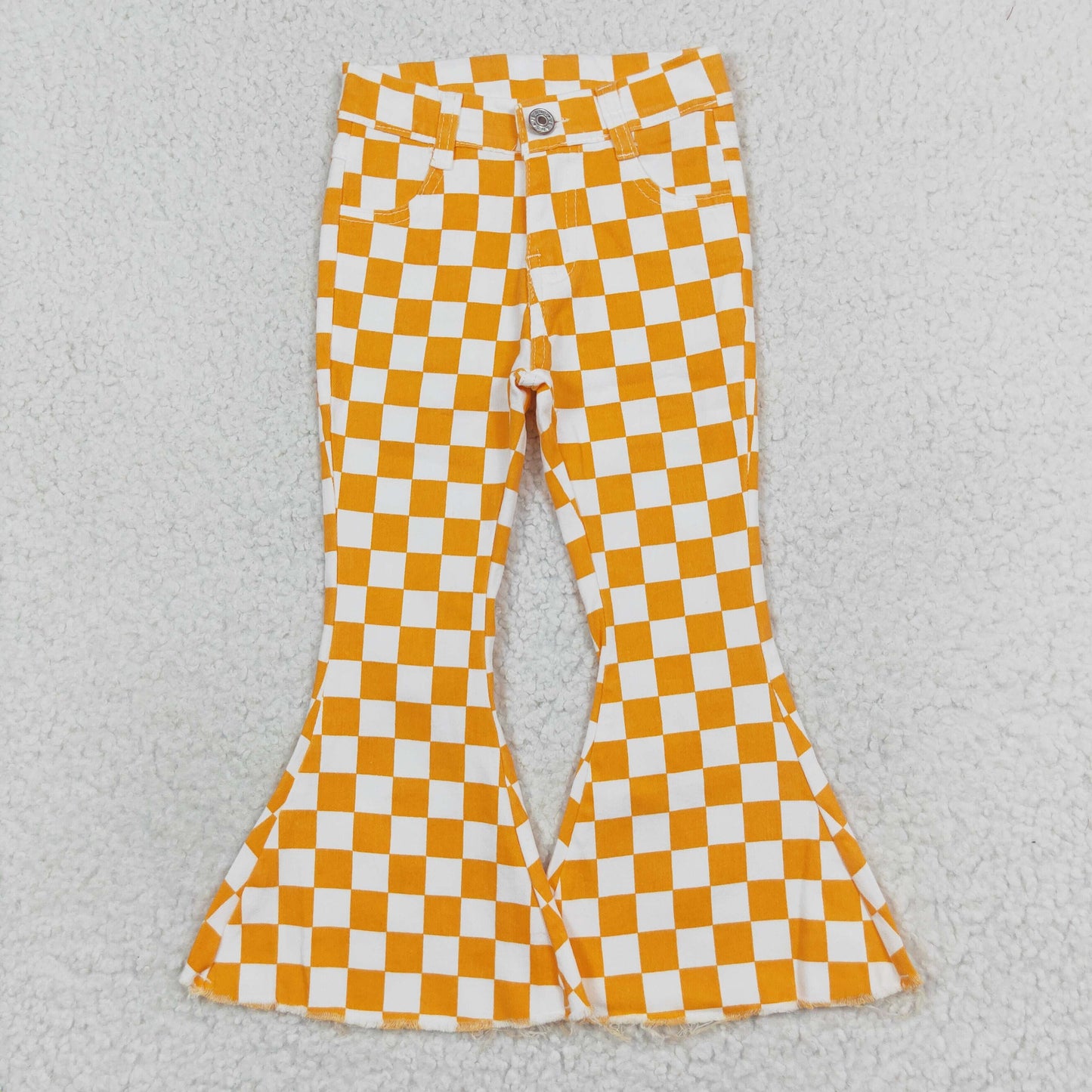 P0468 jeans yellow checkerboard kids girl bell long pants 202406 RTS