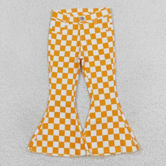 P0468 jeans yellow checkerboard kids girl bell long pants 202406 RTS