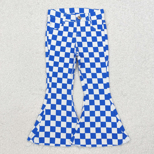 P0610  jeans blue checkerboard kids girl bell long pants 202406 RTS