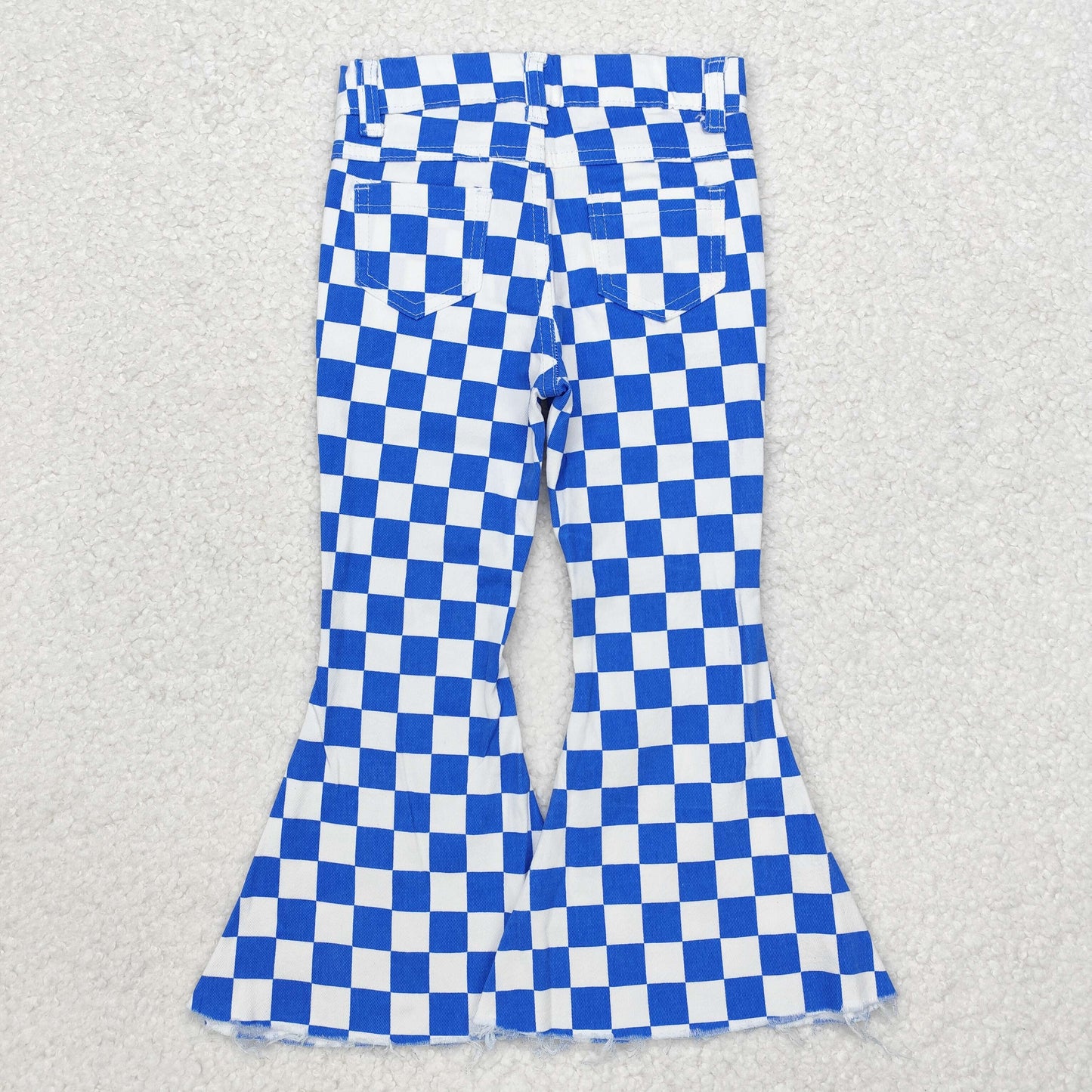 P0610  jeans blue checkerboard kids girl bell long pants 202406 RTS