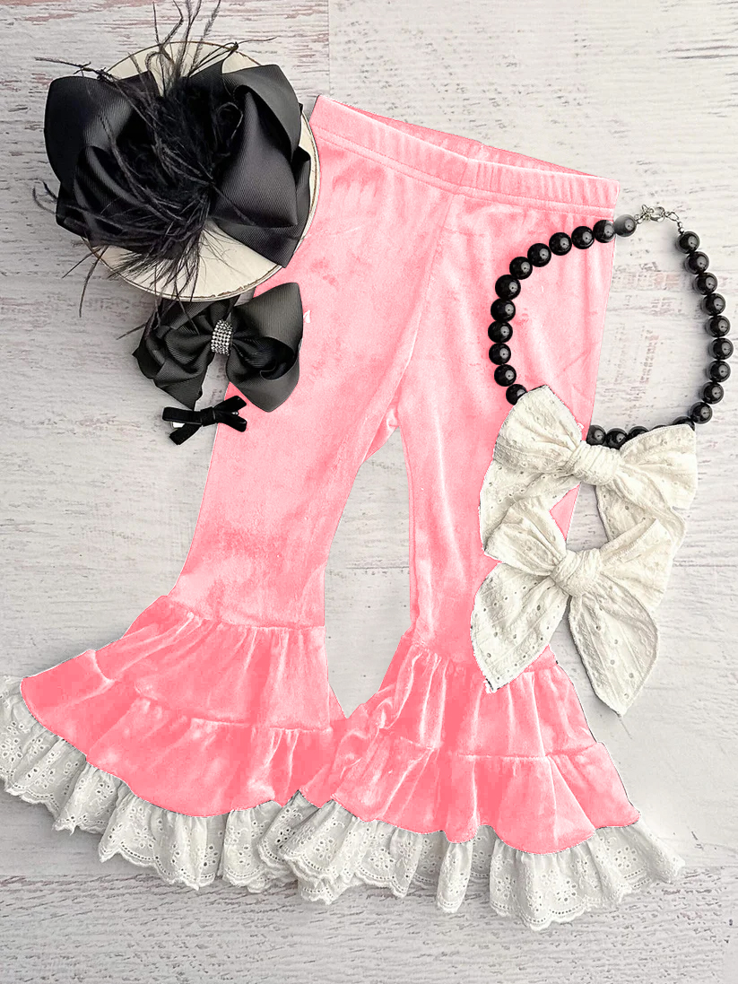 P0721 girl lace bell bottom pink velvet pants 202411 PREORDER