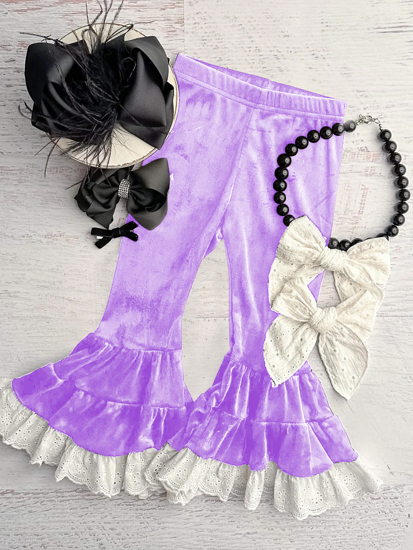 P0722 girl lace bell bottom purple velvet pants 202411 PREORDER