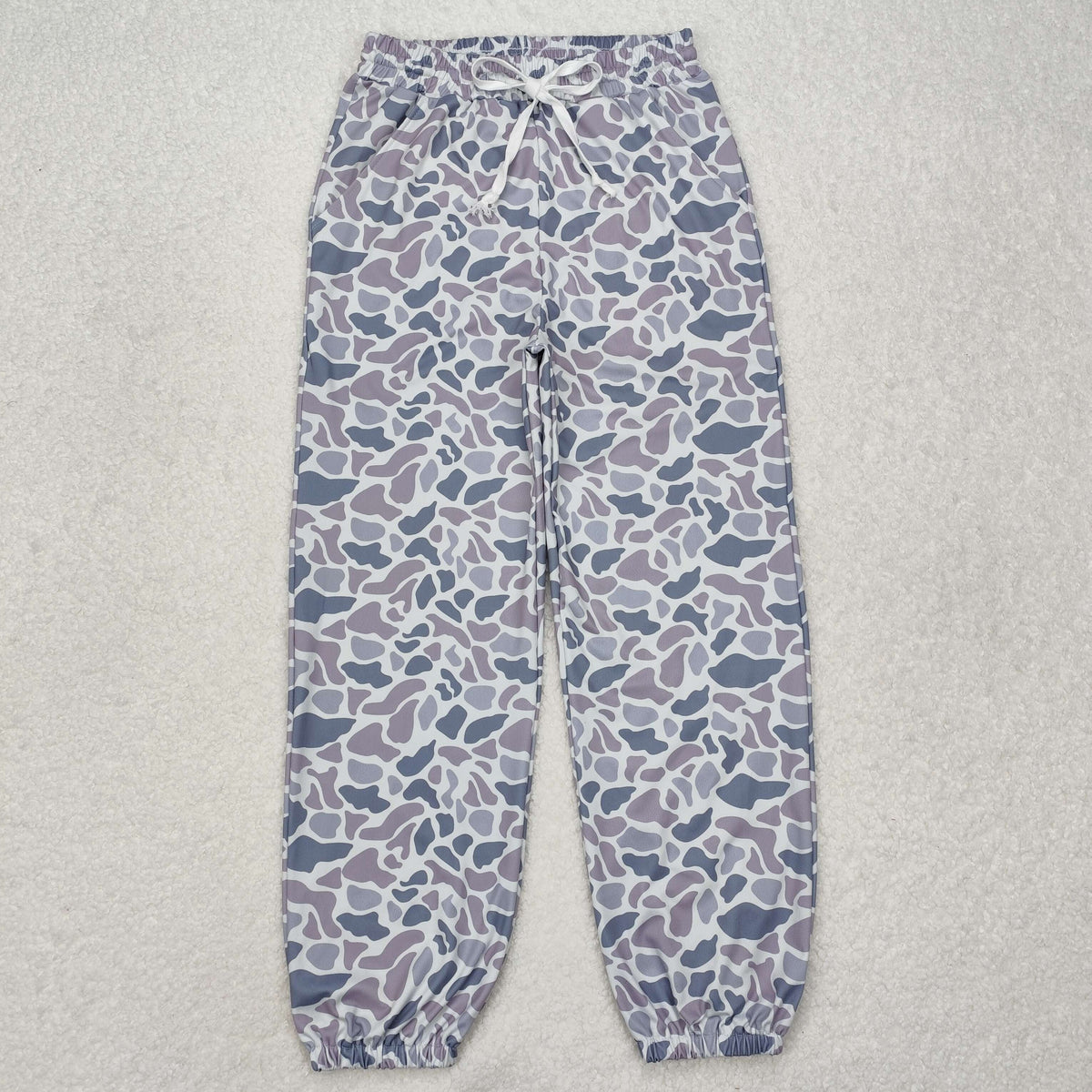 NO MOQ RTS P0727 Women Clothes Purple Camo Spot Print Short Sleeve Drawstring Jogger Pant 202610
