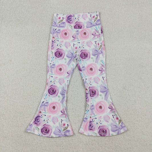 P0774 yoga bow pink flowers girl bell bottom long pants 202509 RTS