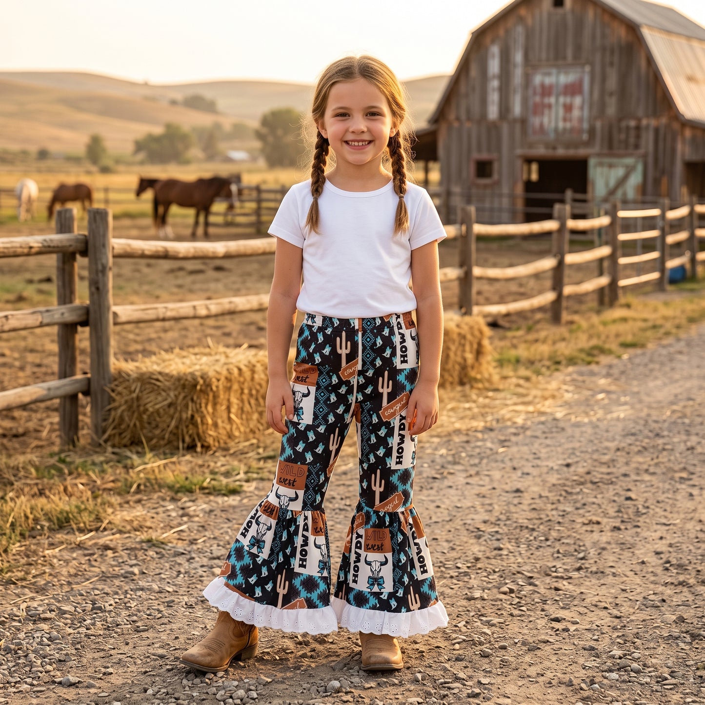 RTS P0781 Western flare lace girl bell bottom long pants 202508