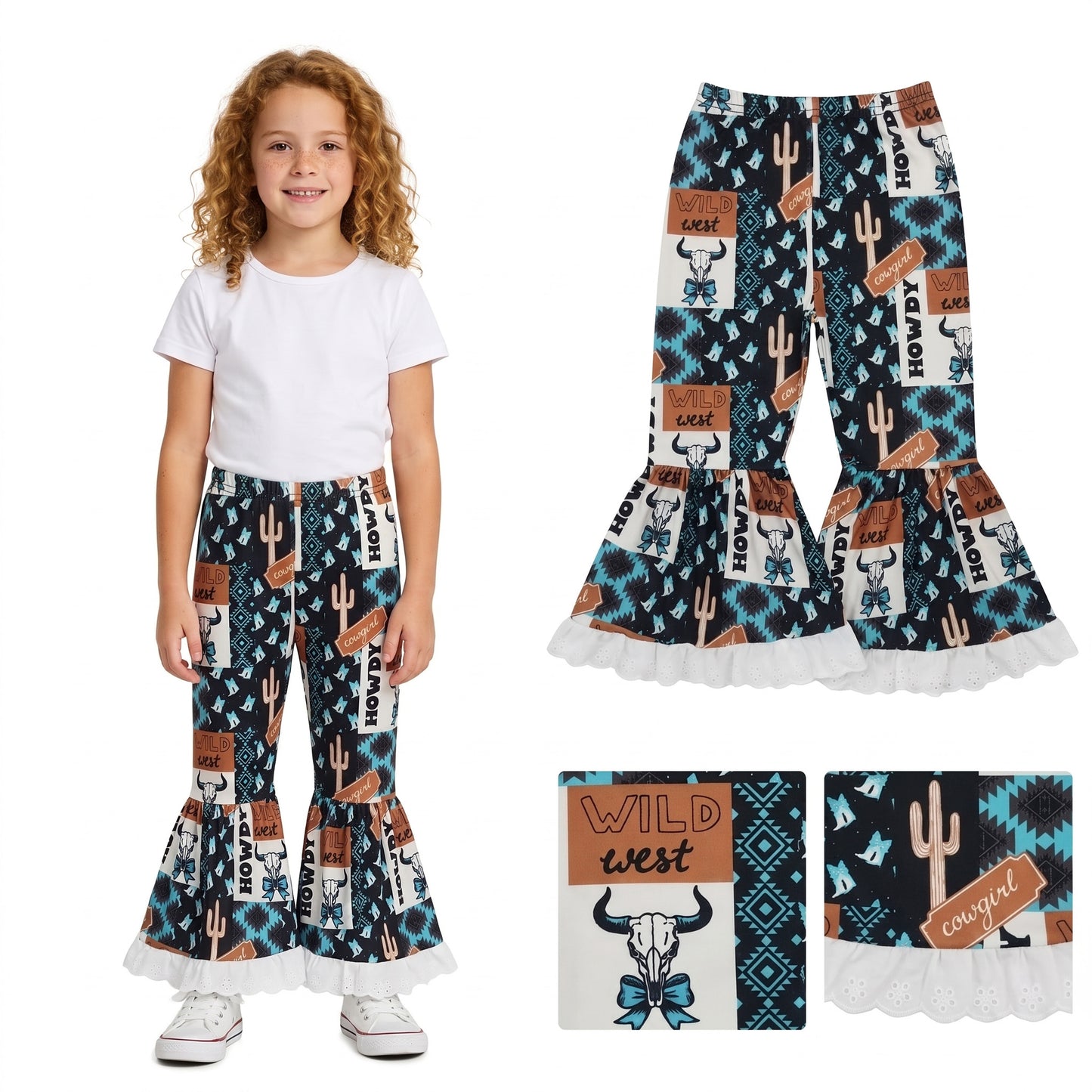 RTS P0781 Western flare lace girl bell bottom long pants 202508