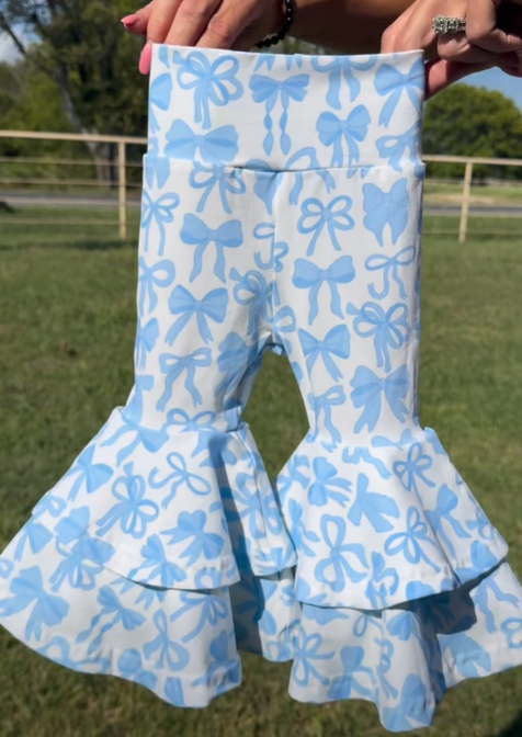 P0886  yoga bow BLUE flowers girl bell bottom long pants 202509 PREORDER