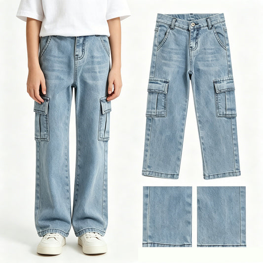P1049  Boys girls Multi Pocket Cargo Denim Pants 20260630 RTS