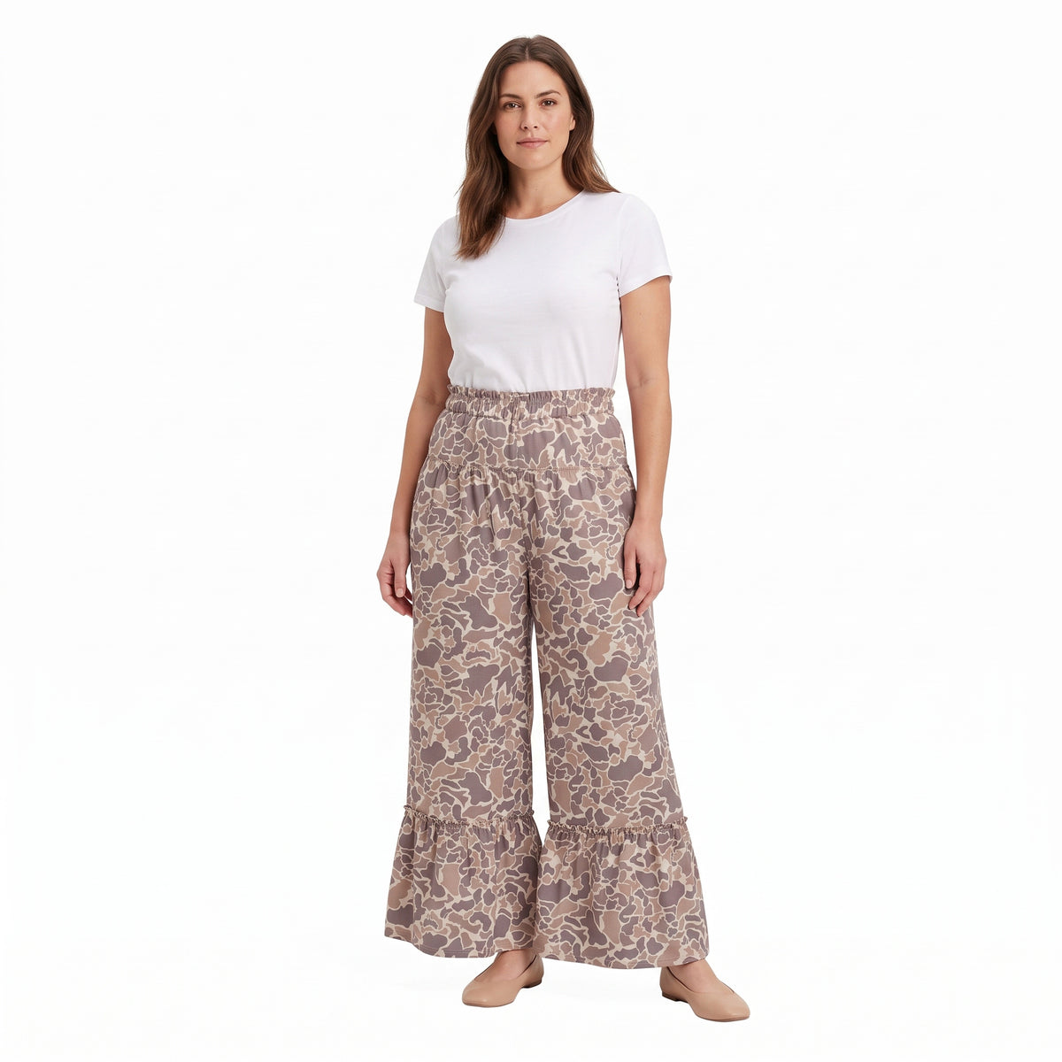 NO MOQ RTS P1053(1) women Clothes Taupe Camo Full Print Long Ruffle Wide Leg Pants 202609