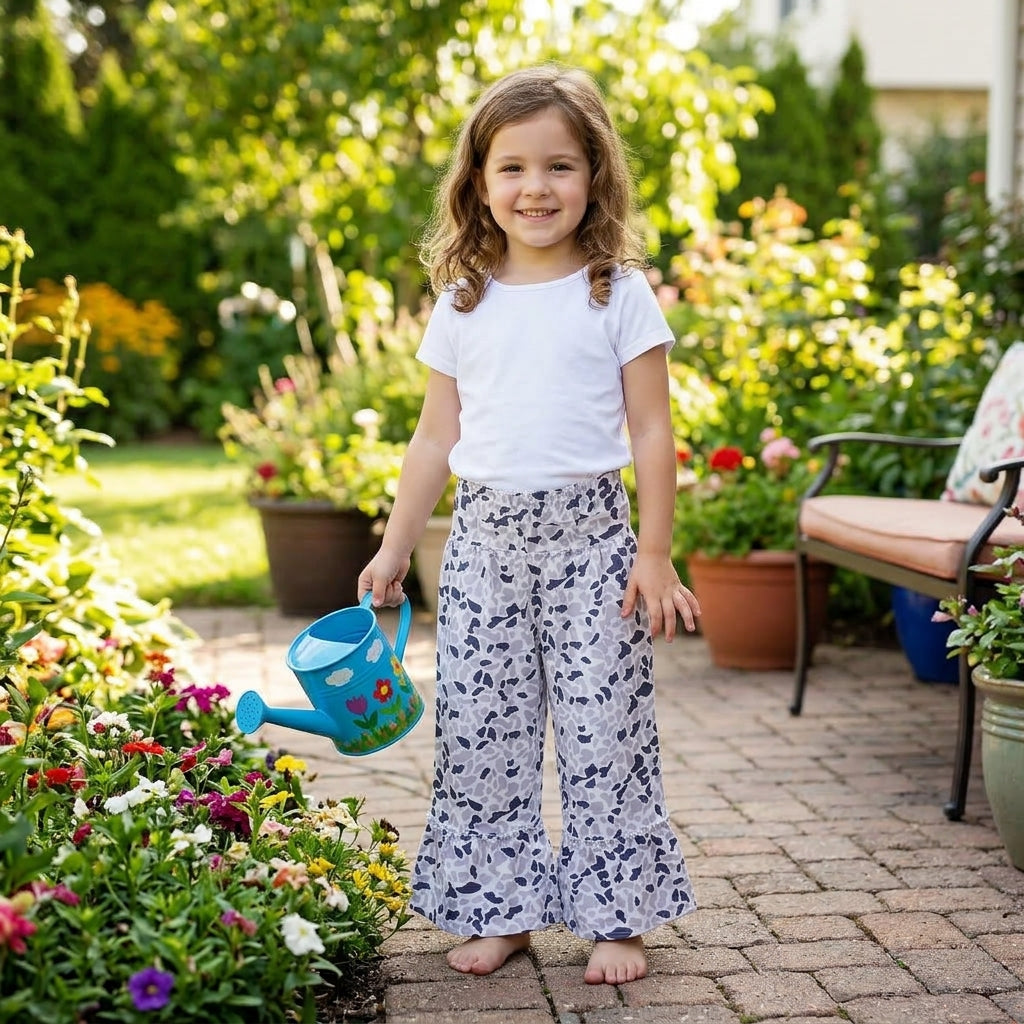 NO MOQ RTS P1054 (2) Baby Girl Clothes White Gray Blue Cow Spot Print Ruffle Hem Wide Leg Pants 202609