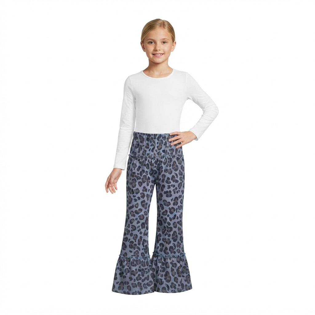 NO MOQ RTS P1055-yoga Baby Girl Clothes Dusty Blue Leopard Allover Print Ruffle Wide Leg Pants 202610