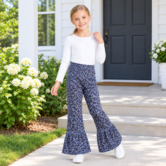 NO MOQ RTS P1055-yoga Baby Girl Clothes Dusty Blue Leopard Allover Print Ruffle Wide Leg Pants 202610