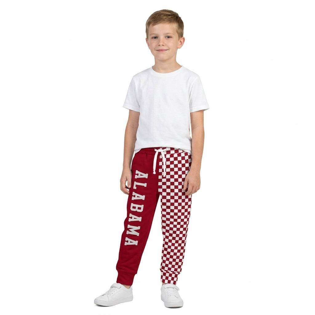 NO MOQ RTS P1060-vinyl (2) Baby Girl Clothes Alabama Letter Checkerboard Mixed Print Long Sleeve Jogger Pant 202610