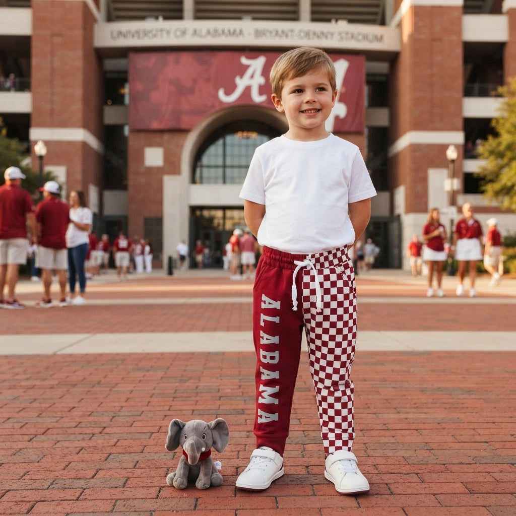 NO MOQ RTS P1060-vinyl (2) Baby Girl Clothes Alabama Letter Checkerboard Mixed Print Long Sleeve Jogger Pant 202610