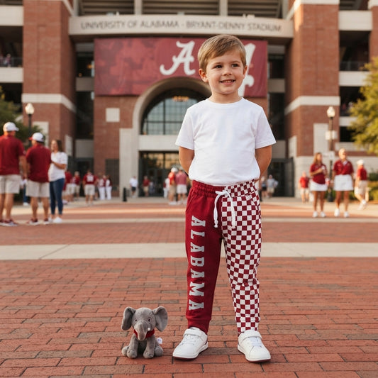 NO MOQ RTS P1060-vinyl (2) Baby Girl Clothes Alabama Letter Checkerboard Mixed Print Long Sleeve Jogger Pant 202610
