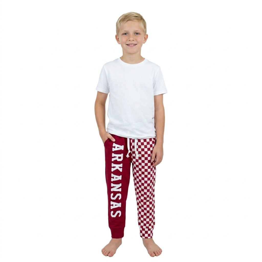 NO MOQ RTS P1062-vinyl Kids Clothes Arkansas Letter Print Red Checkerboard Spliced Jogger Pants 202610