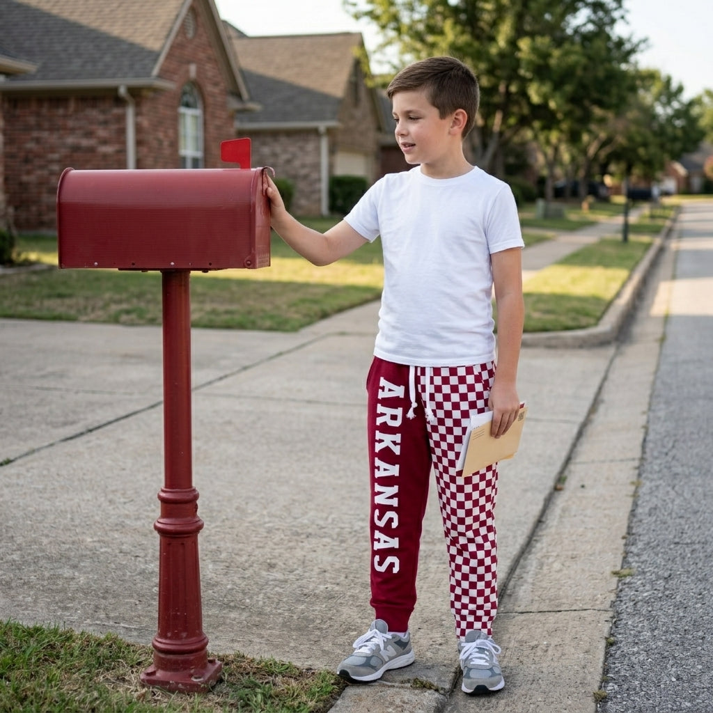 NO MOQ RTS P1062-vinyl Kids Clothes Arkansas Letter Print Red Checkerboard Spliced Jogger Pants 202610