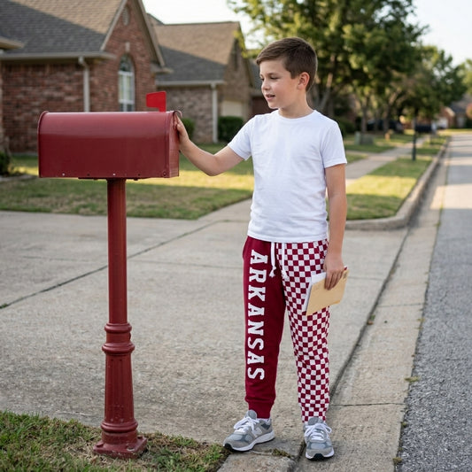 NO MOQ RTS P1062-vinyl Kids Clothes Arkansas Letter Print Red Checkerboard Spliced Jogger Pants 202610