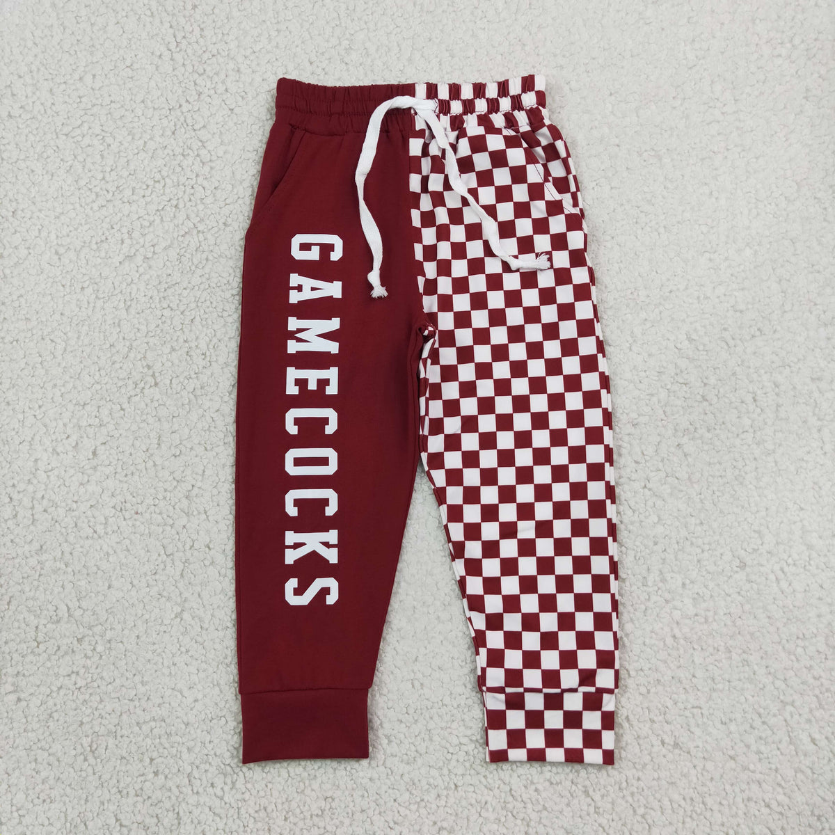 NO MOQ RTS P1064-vinyl Baby Boy Clothes Burgundy Checkerboard Mixed Print Long Sleeve Jogger Pants 202609
