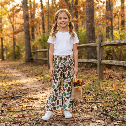NO MOQ RTS P1065 (2) Baby Girl Clothes Deer Antler Camo Print Long Ruffle Flare Pants 202609