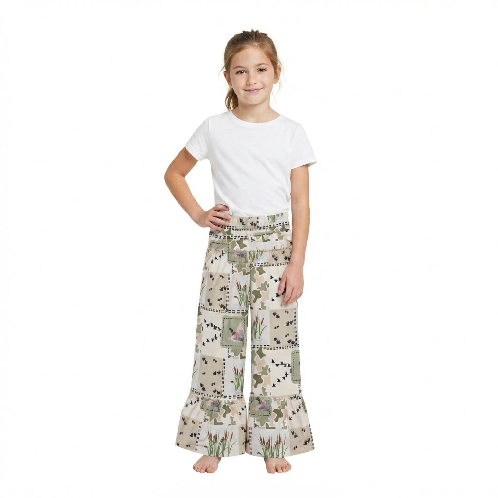 NO MOQ RTS P1067 (2) Baby Girl Clothes Mallard Duck Patchwork Camo Print Long Ruffle Flare Pants 202609
