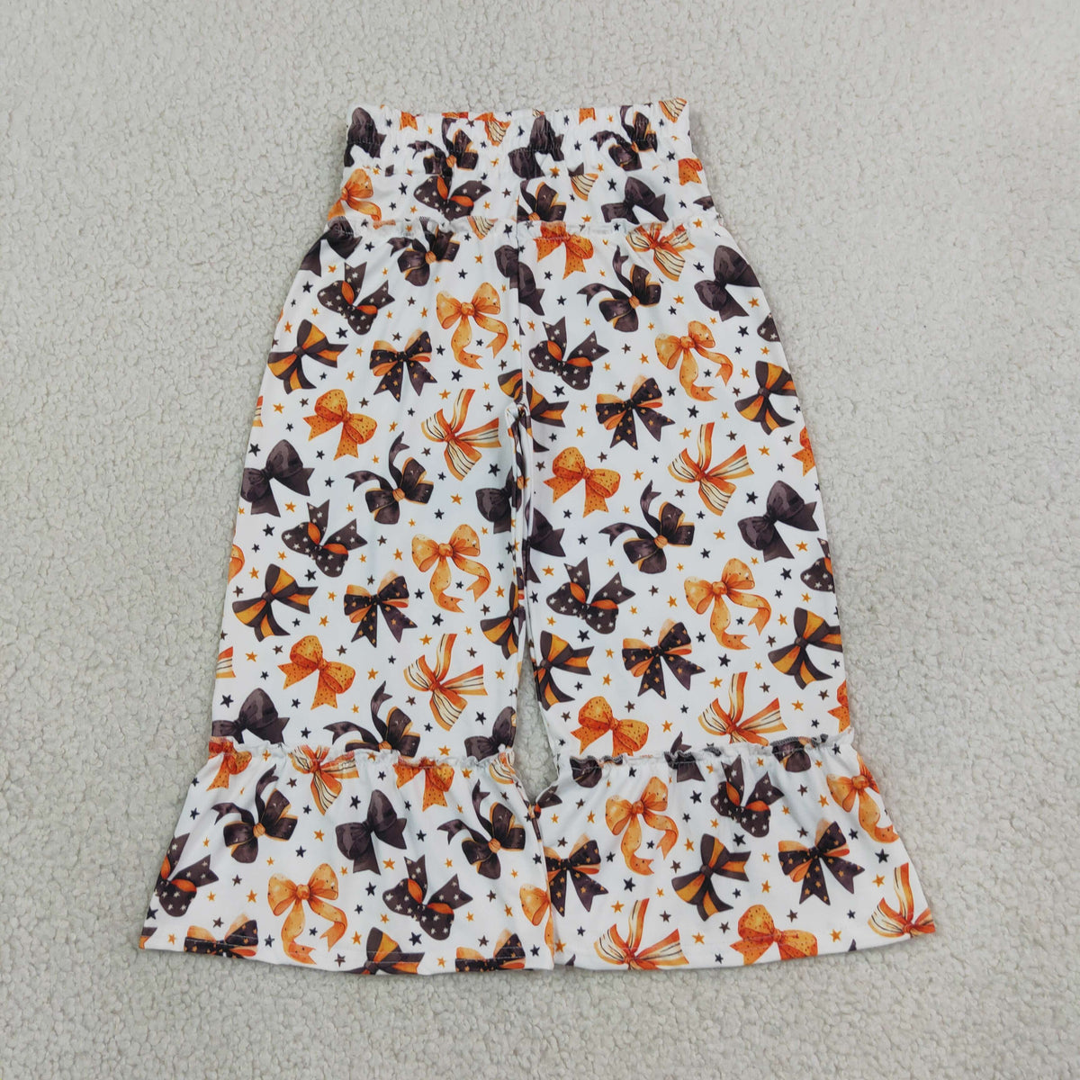 NO MOQ RTS P1068 Baby Girl Orange Black Bow Star Print Ruffle Hem Flare Pants 202609