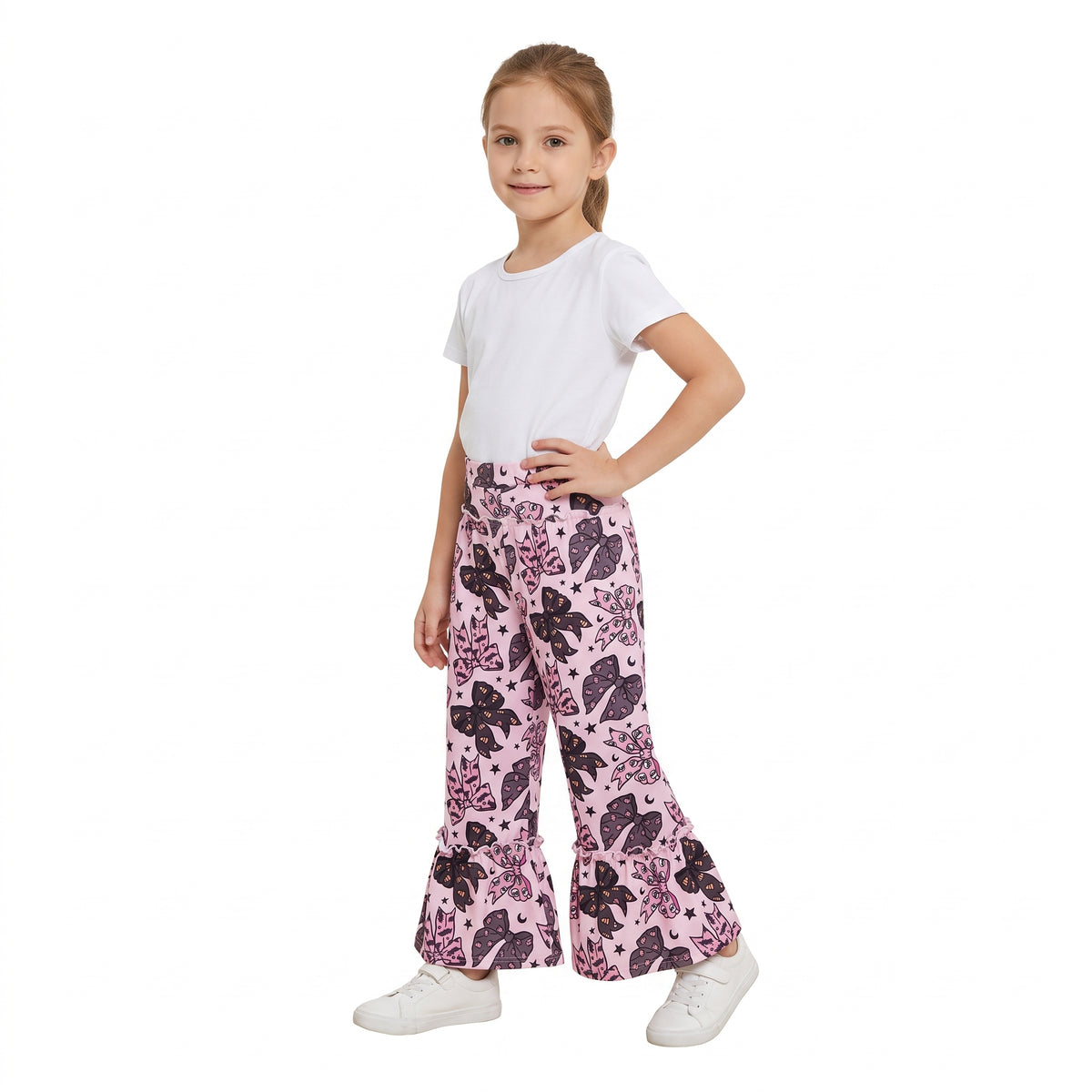 NO MOQ RTS P1069(1) Baby Girl Pink Halloween Bow Bat Ghost Pumpkin Print Ruffle Hem Flare Pants 202609