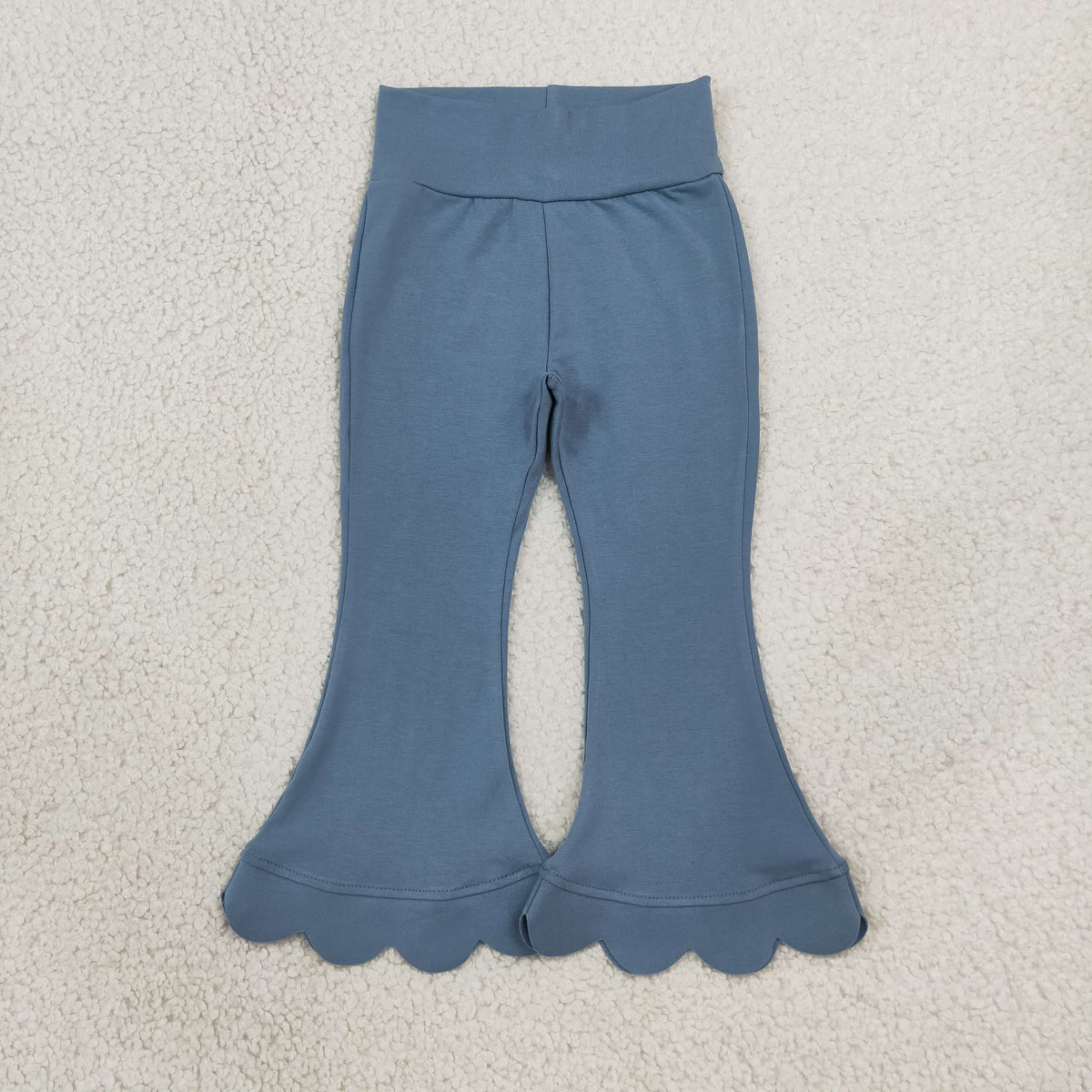 RTS P1077 Dusty Blue Scallop Flare Pants for Girls – Wavy Hem Bell Bottom Soft Stretch Pants