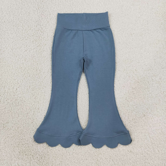 RTS P1077 Dusty Blue Scallop Flare Pants for Girls – Wavy Hem Bell Bottom Soft Stretch Pants