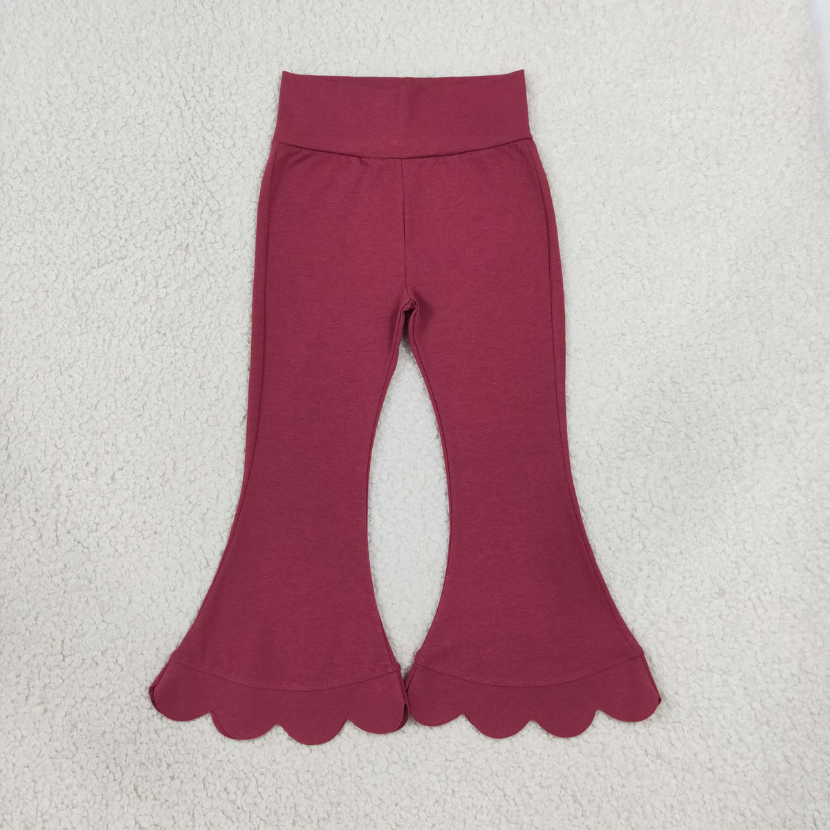 NO MOQ RTS P1079-scallop Baby Girl Clothes Solid Maroon Scallop Trim High Waist Flare Pants