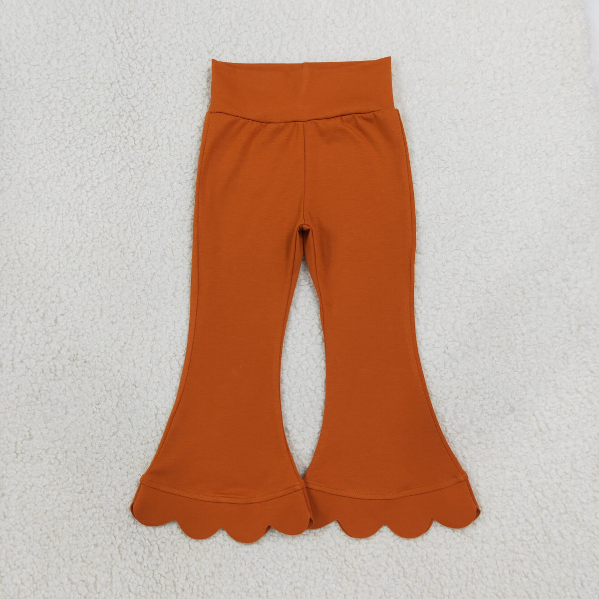RTS P1083 Burnt Orange Scallop Flare Pants for Girls – Wavy Hem Bell Bottom Soft Stretch Pants