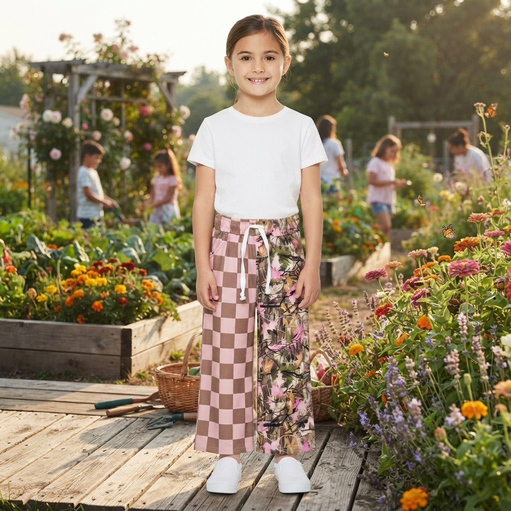 NO MOQ RTS P1093 Baby Girl Clothes Mixed Print Checkerboard Camo Maple Leaf Wide Leg Pants 202609