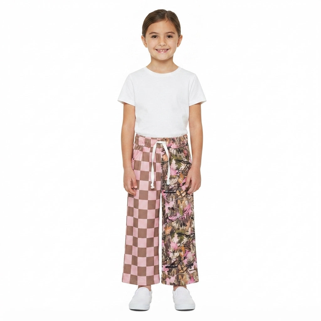 NO MOQ RTS P1093 Baby Girl Clothes Mixed Print Checkerboard Camo Maple Leaf Wide Leg Pants 202609