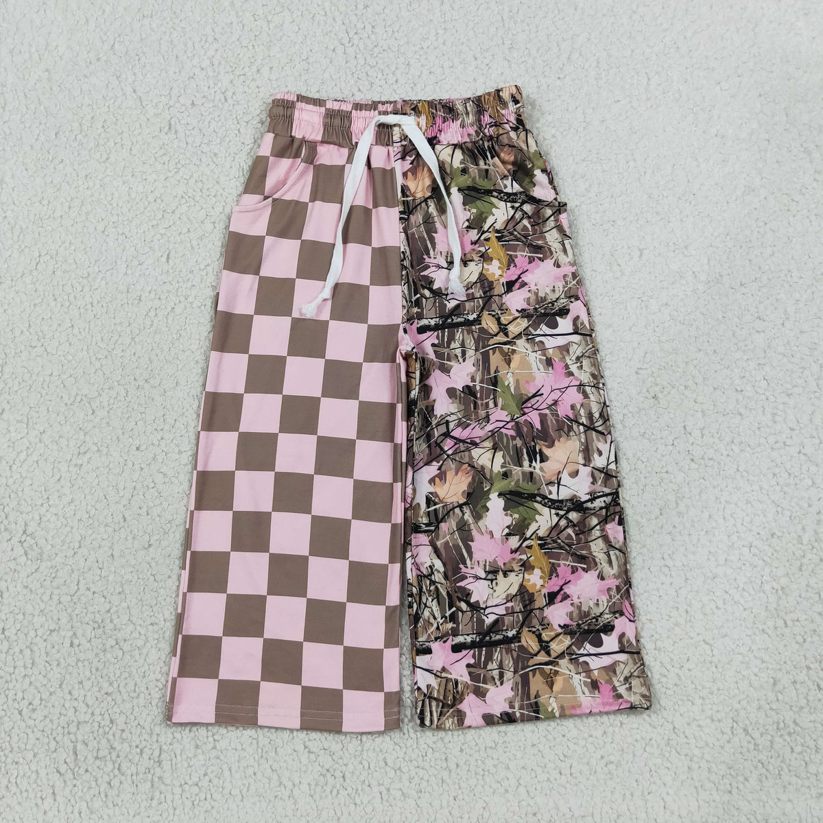 NO MOQ RTS P1093 Baby Girl Clothes Mixed Print Checkerboard Camo Maple Leaf Wide Leg Pants 202609
