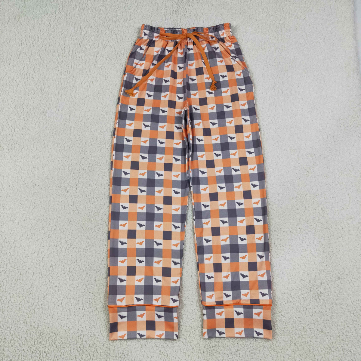 NO MOQ RTS P1095-women Women Clothes Halloween Orange Gray Gingham Bat Print Elastic Waist Pajama Lounge Pants 202609