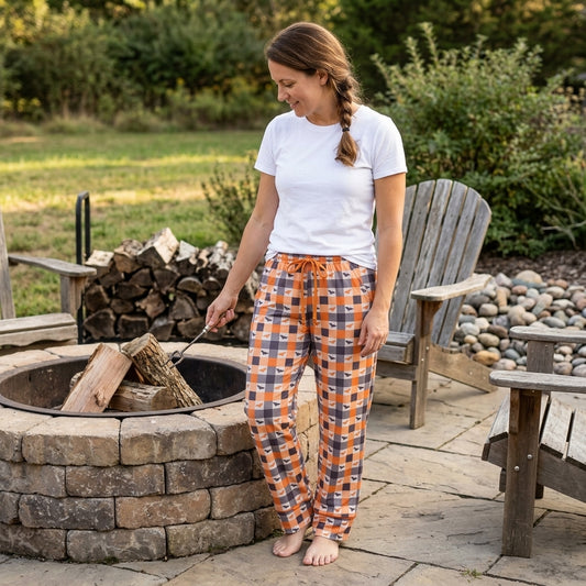 NO MOQ RTS P1095-women Women Clothes Halloween Orange Gray Gingham Bat Print Elastic Waist Pajama Lounge Pants 202609