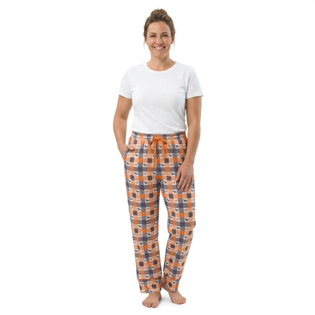 NO MOQ RTS P1095-women Women Clothes Halloween Orange Gray Gingham Bat Print Elastic Waist Pajama Lounge Pants 202609