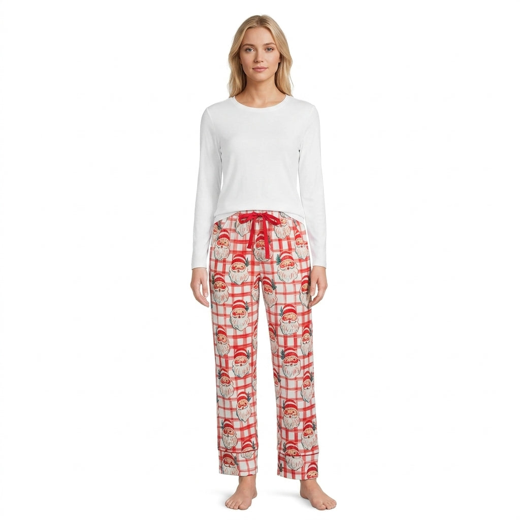 NO MOQ RTS P1096-women (2) Women Clothes Red Plaid Santa Claus Print Long Pants 202609
