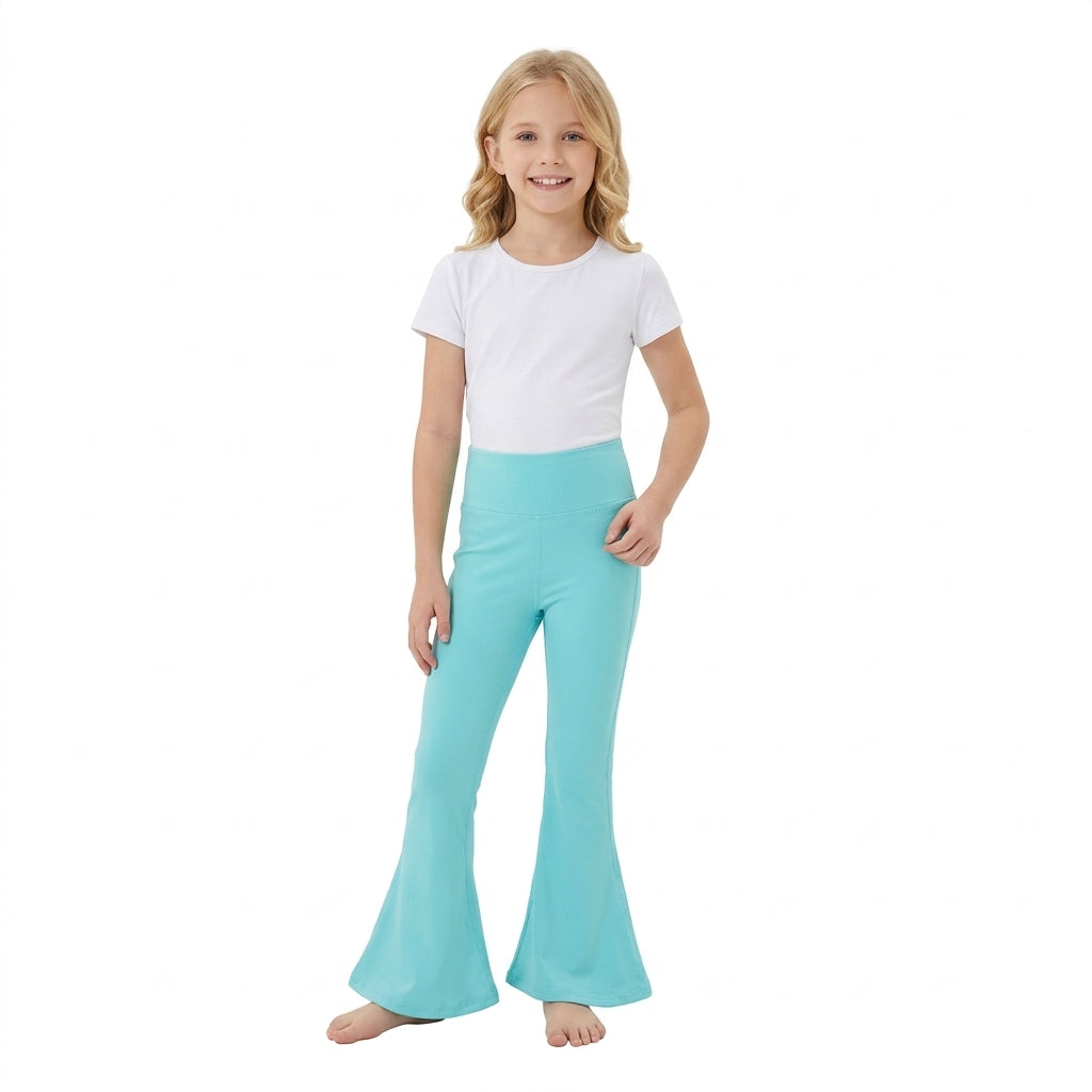 NO MOQ RTS P1099-yoga Baby Girl Clothes Solid Turquoise Plain Print High Waist Flare Pants 202610