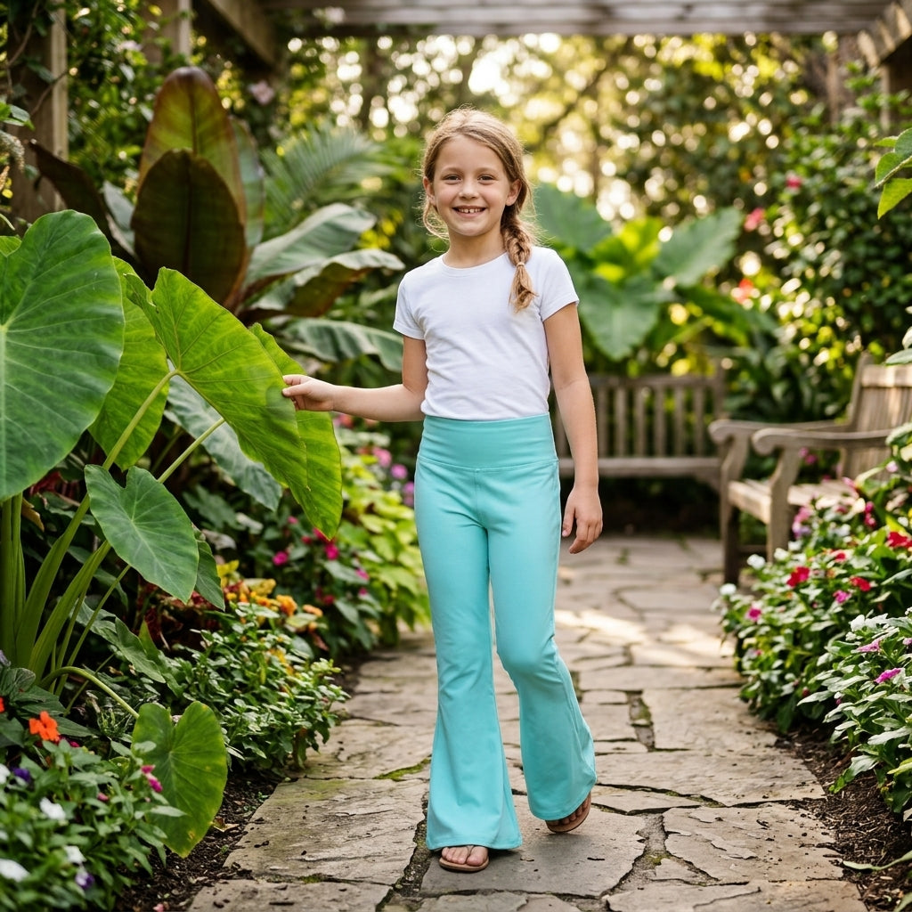NO MOQ RTS P1099-yoga Baby Girl Clothes Solid Turquoise Plain Print High Waist Flare Pants 202610