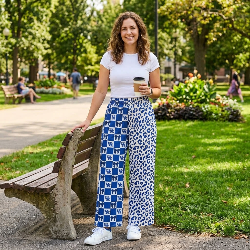 NO MOQ RTS P1114-women (2) Kids Clothes Blue White Checkerboard Bow Split Blue Leopard Wide Leg Pants 202609