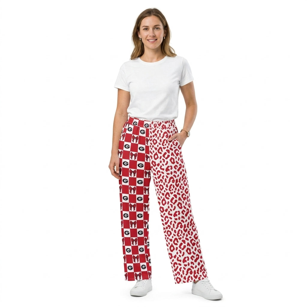 NO MOQ RTS P1118-women Clothes Red Checkered Bow And Leopard Mixed Print Elastic Waist Wide Leg Pants 202610