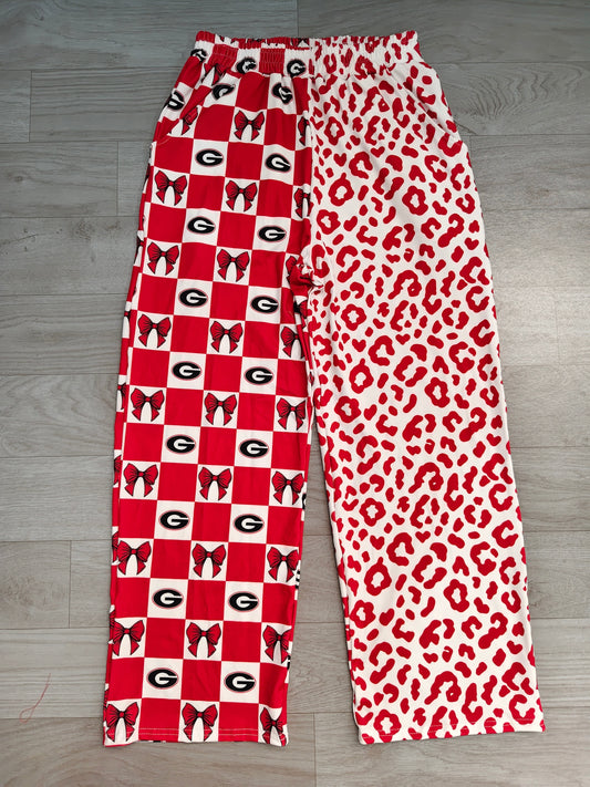 Sample-Real Pics P1118 women Clothes Red Check Leopard Bow Mixed Print Long Wide Leg Pant