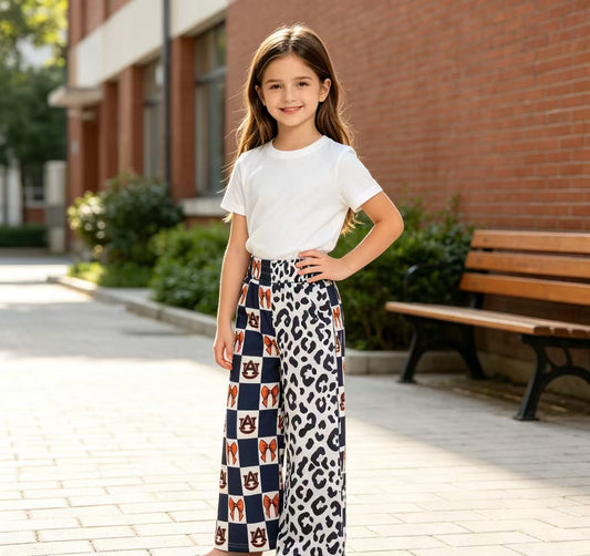 NO MOQ RTS P1120(2) Baby Girl Clothes Bow Check Leopard Spliced Mixed Print Wide Leg Pants 202609