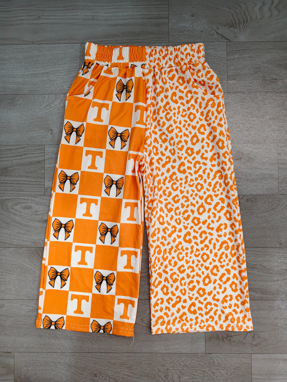 Sample-Real Pics P1121 Baby Girl Clothes Orange Check Leopard Bow Mixed Print Long Wide Leg Pant